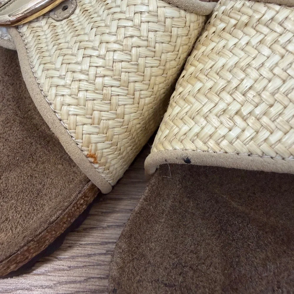 Birkenstock Madrid Big Buckle Raffia Slide 39 Beige Women Sandal Gold Buckle